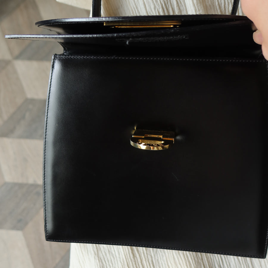 Celine Vintage Black Leather Gold Buckle Double Flap 2 way Bag