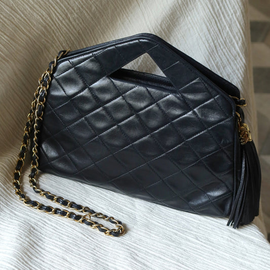Rare Chanel Vintage Black Matelasse Quilted Top Handle 2way Shoulder Bag