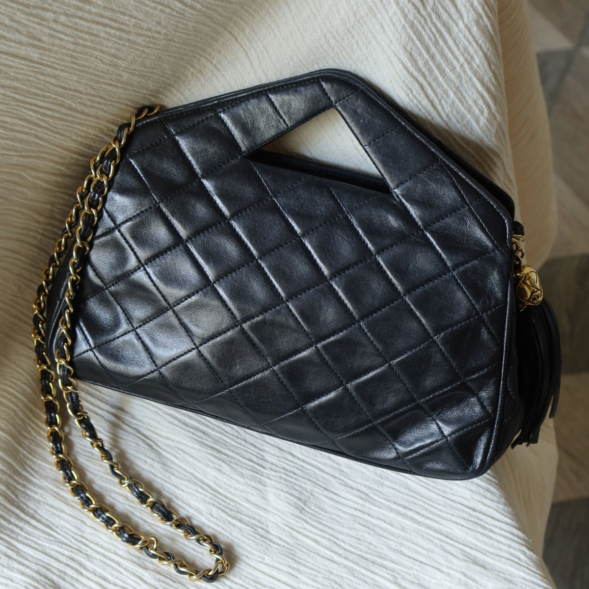 Rare Chanel Vintage Black Matelasse Quilted Top Handle 2way Shoulder Bag