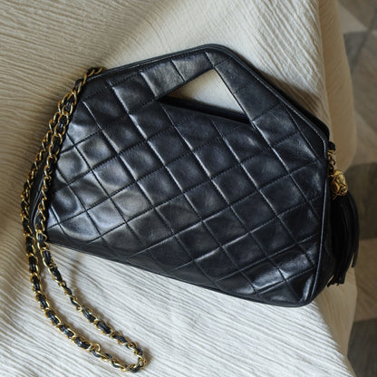 Rare Chanel Vintage Black Matelasse Quilted Top Handle 2way Shoulder Bag