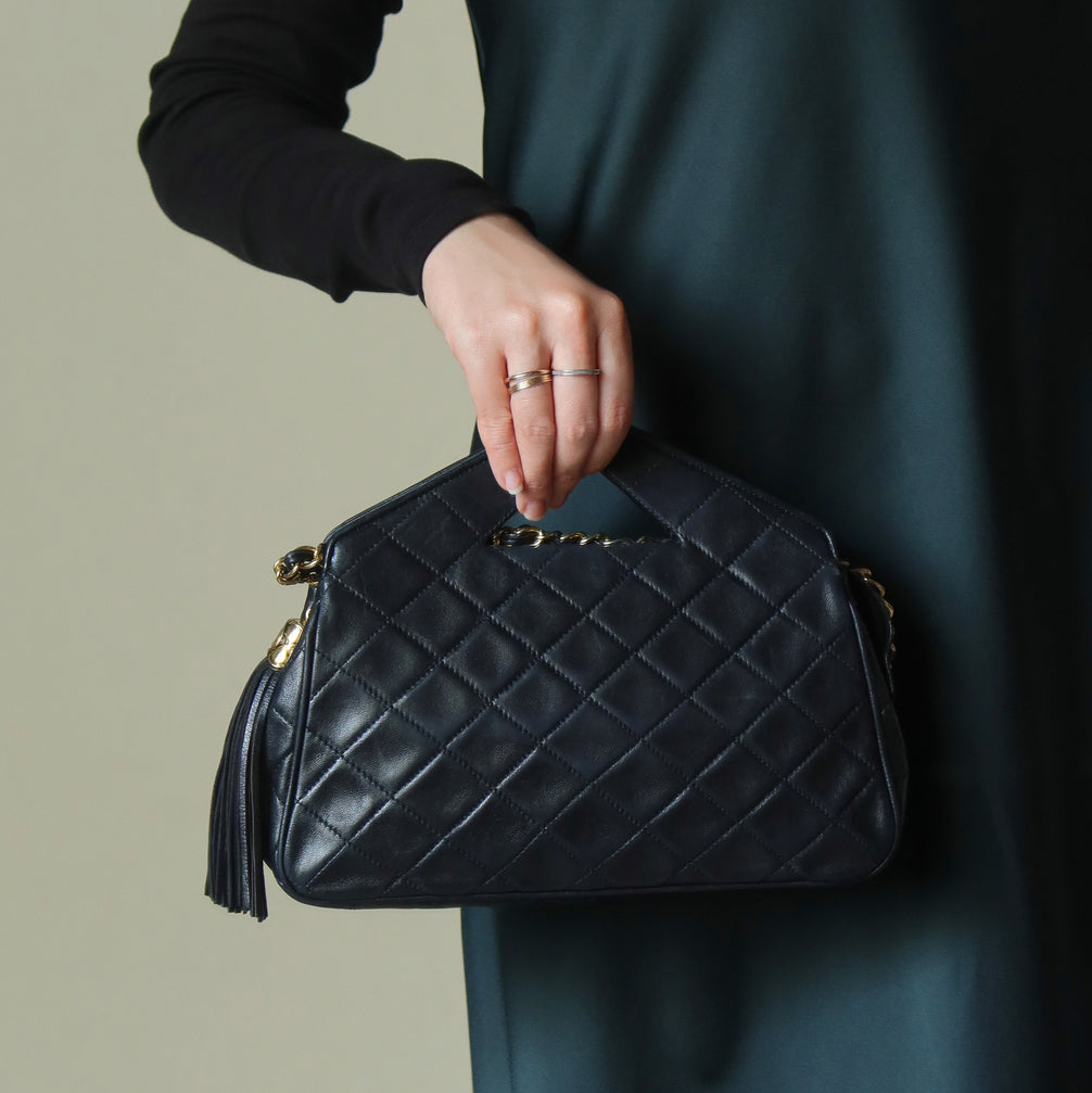 Rare Chanel Vintage Black Matelasse Quilted Top Handle 2way Shoulder Bag