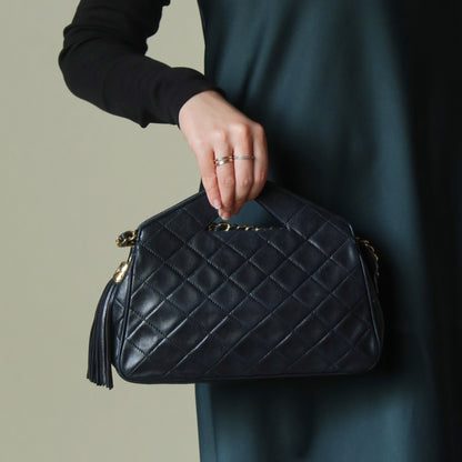 Rare Chanel Vintage Black Matelasse Quilted Top Handle 2way Shoulder Bag