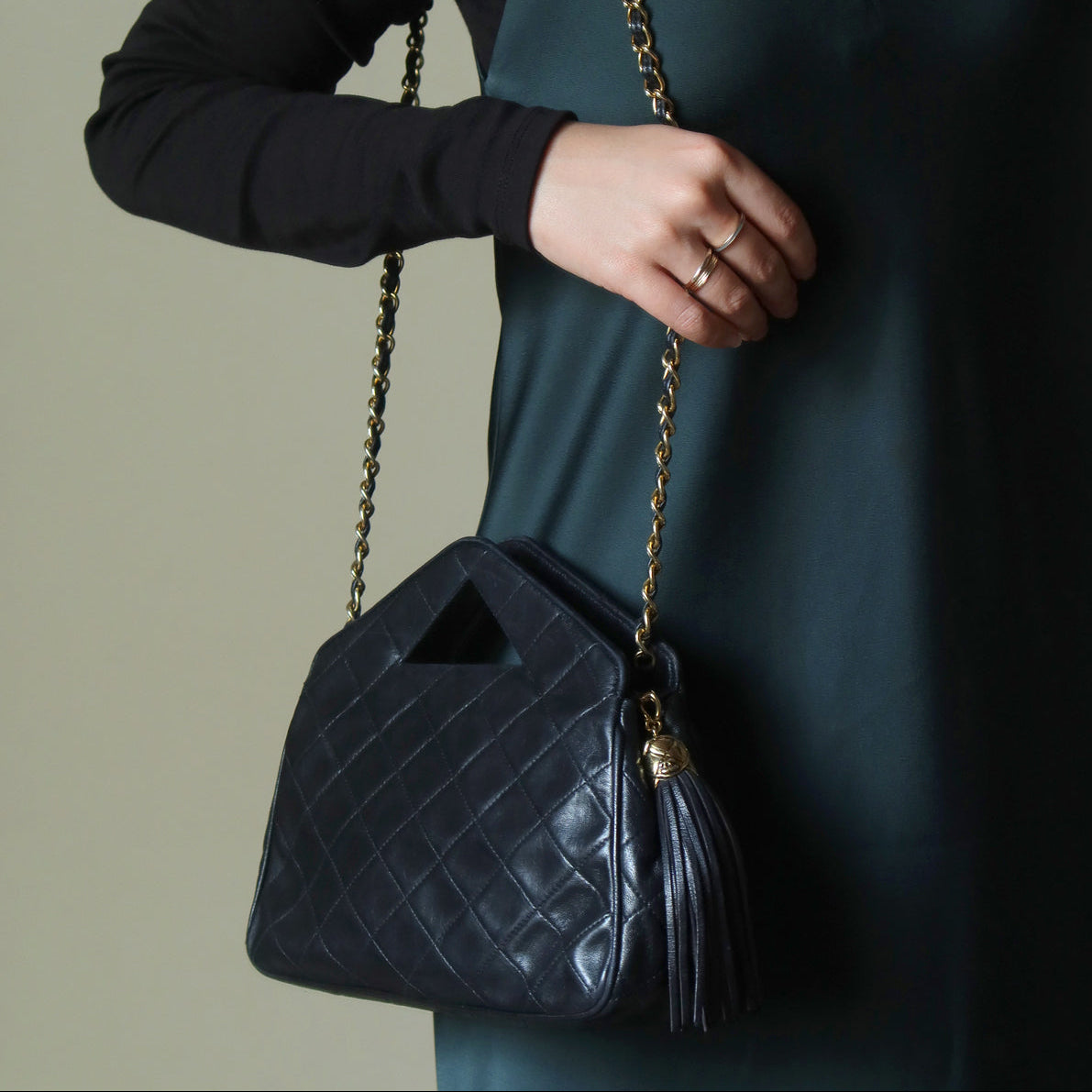 Rare Chanel Vintage Black Matelasse Quilted Top Handle 2way Shoulder Bag