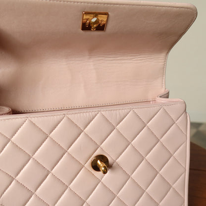 Rare Vintage Chanel Matelassé Pink Lambskin Leather CC Turn lock Top Handle Flap Bag