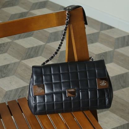 Chanel Vintage Black Lambskin Chocolate Bar Quilted Coco mark Shoulder Flap Bag