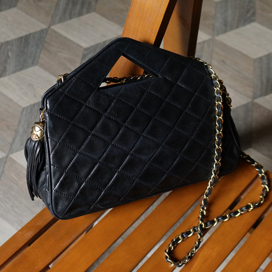 Rare Chanel Vintage Black Matelasse Diamond Quilted Top Handle 2way Shoulder Bag