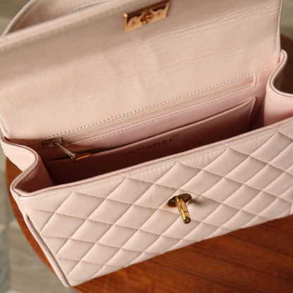 Rare Vintage Chanel Matelassé Pink Lambskin Leather CC Turn lock Top Handle Flap Bag