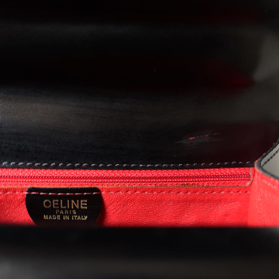 Celine Vintage Black Leather Gold Buckle Double Flap 2 way Bag