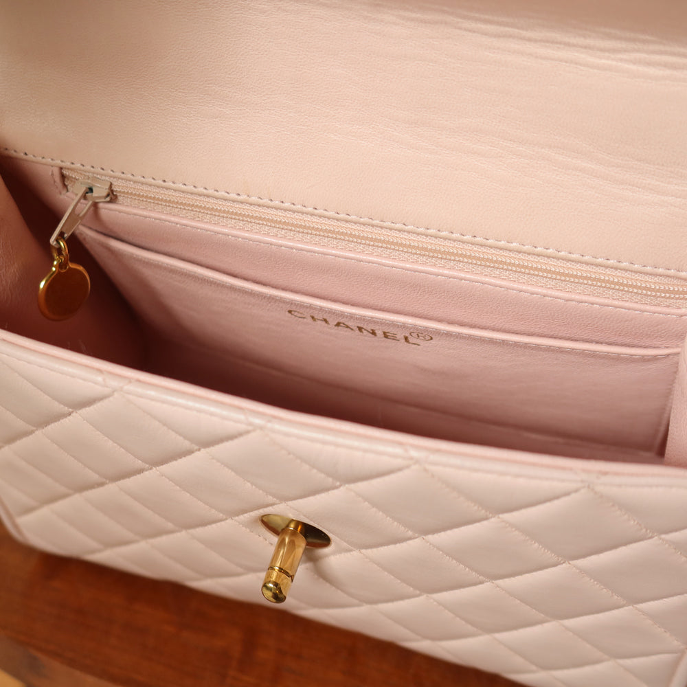 Rare Vintage Chanel Matelassé Pink Lambskin Leather CC Turn lock Top Handle Flap Bag