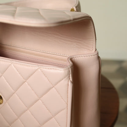 Rare Vintage Chanel Matelassé Pink Lambskin Leather CC Turn lock Top Handle Flap Bag