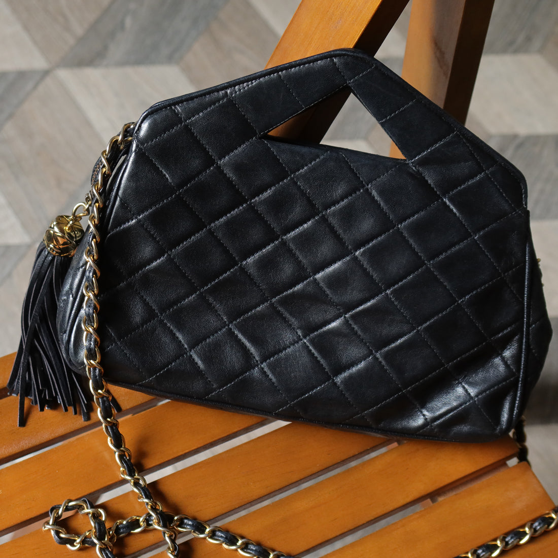 Rare Chanel Vintage Black Matelasse Quilted Top Handle 2way Shoulder Bag