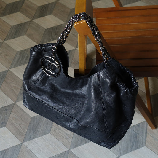 Chanel Vintage Diamond Stitching Coco charm Cabas Black Hobo Shoulder Bag L