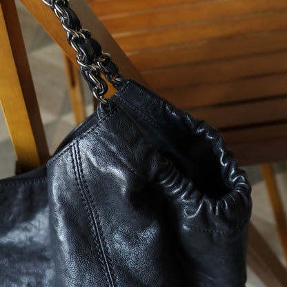 Chanel Vintage Diamond Stitching Coco charm Cabas Black Hobo Shoulder Bag L