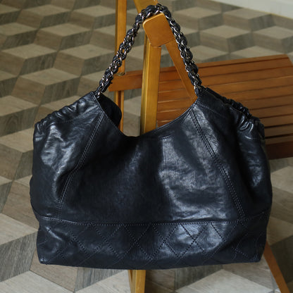 Chanel Vintage Diamond Stitching Coco charm Cabas Black Hobo Shoulder Bag L