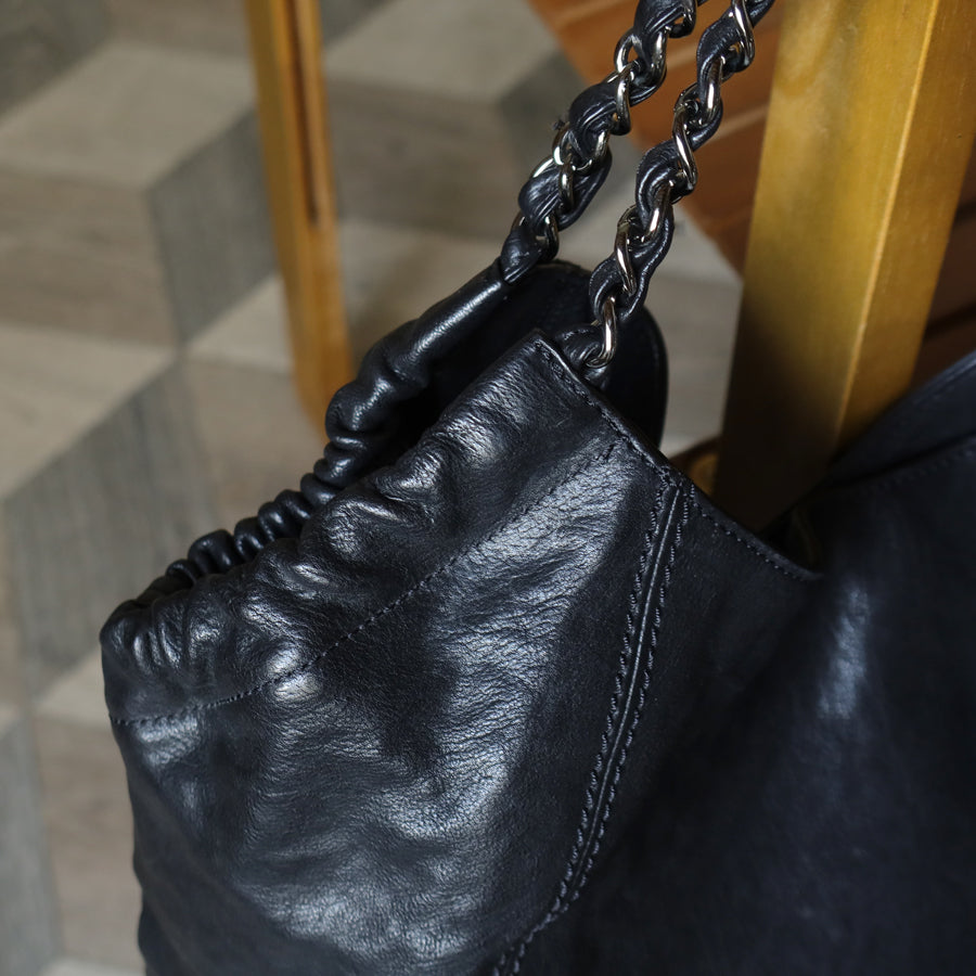 Chanel Vintage Diamond Stitching Coco charm Cabas Black Hobo Shoulder Bag L