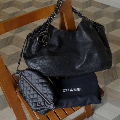 Chanel Vintage Diamond Stitching Coco charm Cabas Black Hobo Shoulder Bag L
