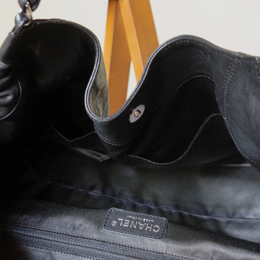 Chanel Vintage Diamond Stitching Coco charm Cabas Black Hobo Shoulder Bag L