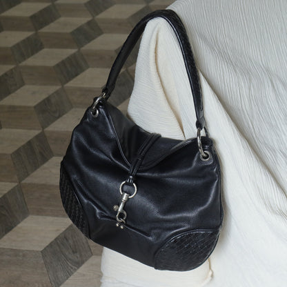 Bottega Veneta Vintage Black Intrecciato Leather Hobo One Shoulder Bag