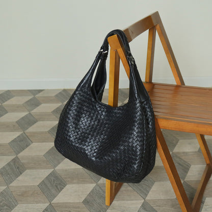 Bottega Veneta Vintage Black Intrecciato Leather Campana Large Hobo Shoulder Bag