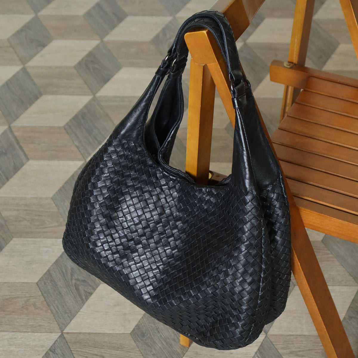 Bottega Veneta Vintage Black Intrecciato Leather Campana Large Hobo Shoulder Bag