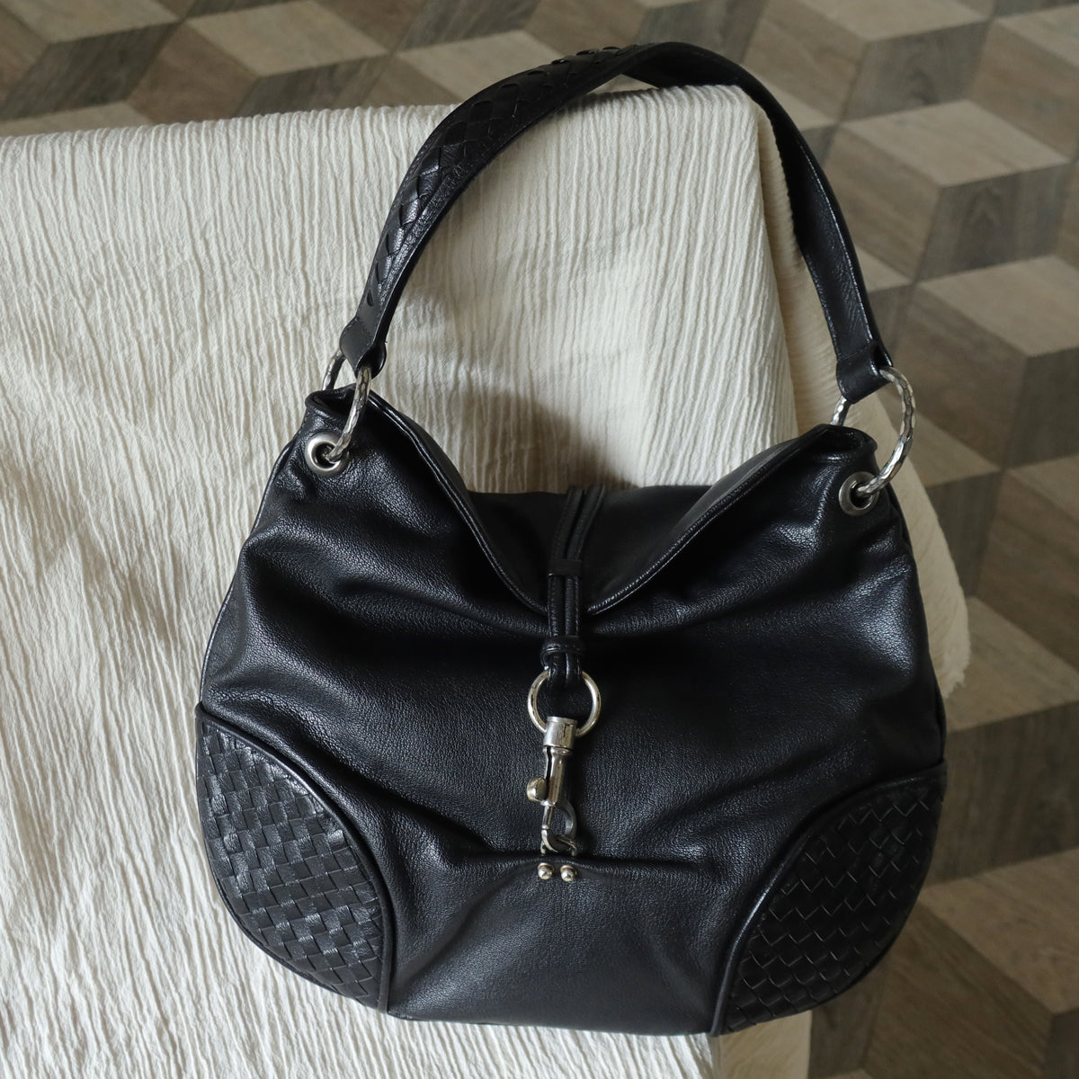 Bottega Veneta Vintage Black Intrecciato Leather Hobo One Shoulder Bag