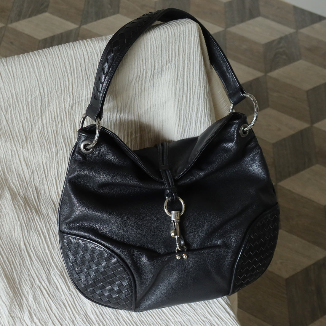 Bottega Veneta Vintage Black Intrecciato Leather Hobo One Shoulder Bag
