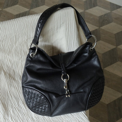 Bottega Veneta Vintage Black Intrecciato Leather Hobo One Shoulder Bag