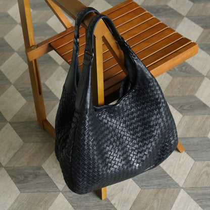 Bottega Veneta Vintage Black Intrecciato Leather Campana Large Hobo Shoulder Bag