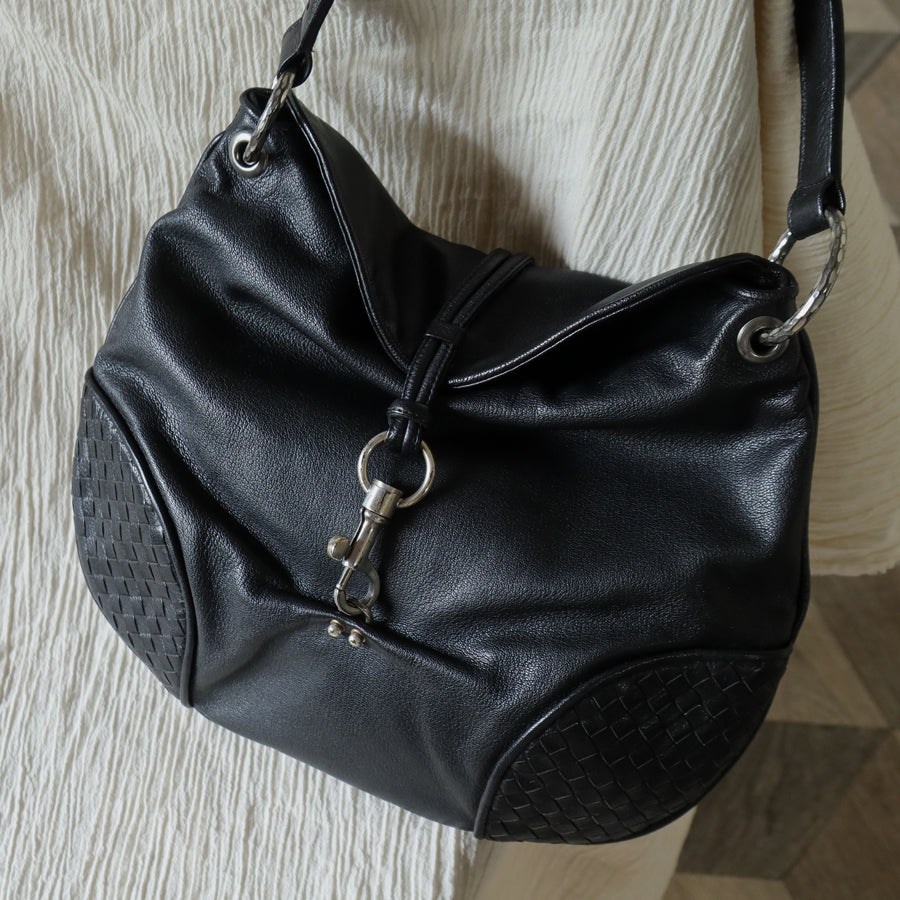 Bottega Veneta Vintage Black Intrecciato Leather Hobo One Shoulder Bag