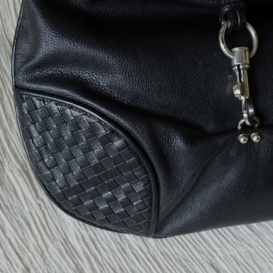 Bottega Veneta Vintage Black Intrecciato Leather Hobo One Shoulder Bag