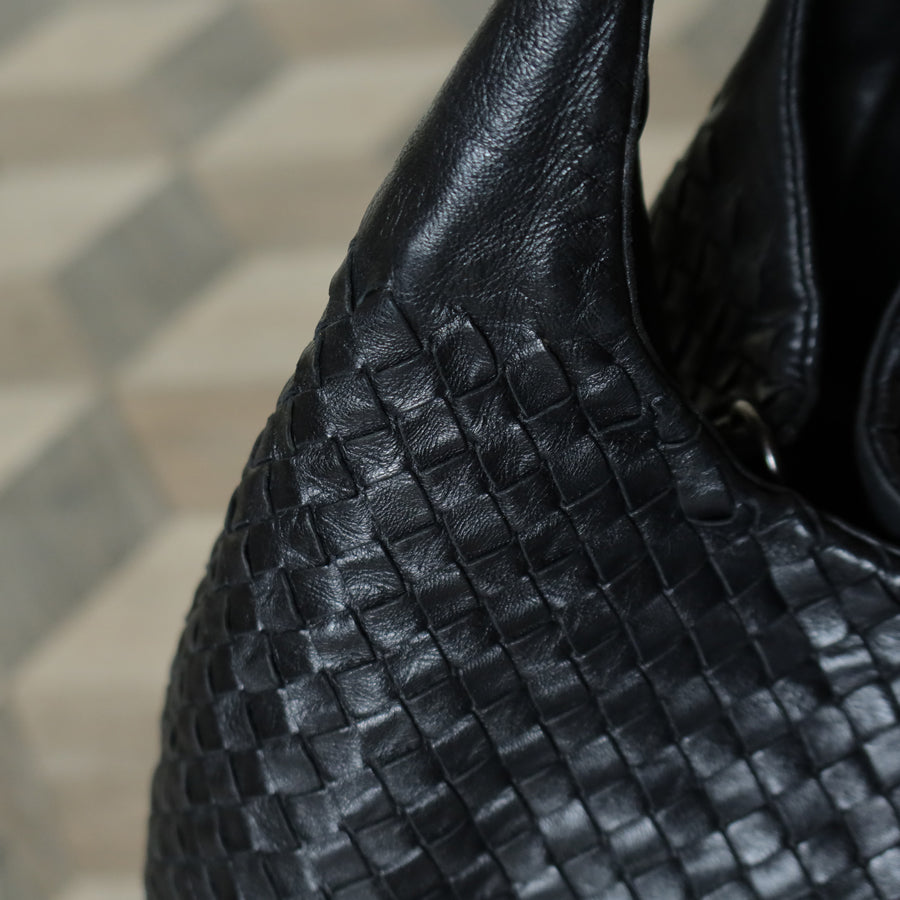 Bottega Veneta Vintage Black Intrecciato Leather Campana Large Hobo Shoulder Bag
