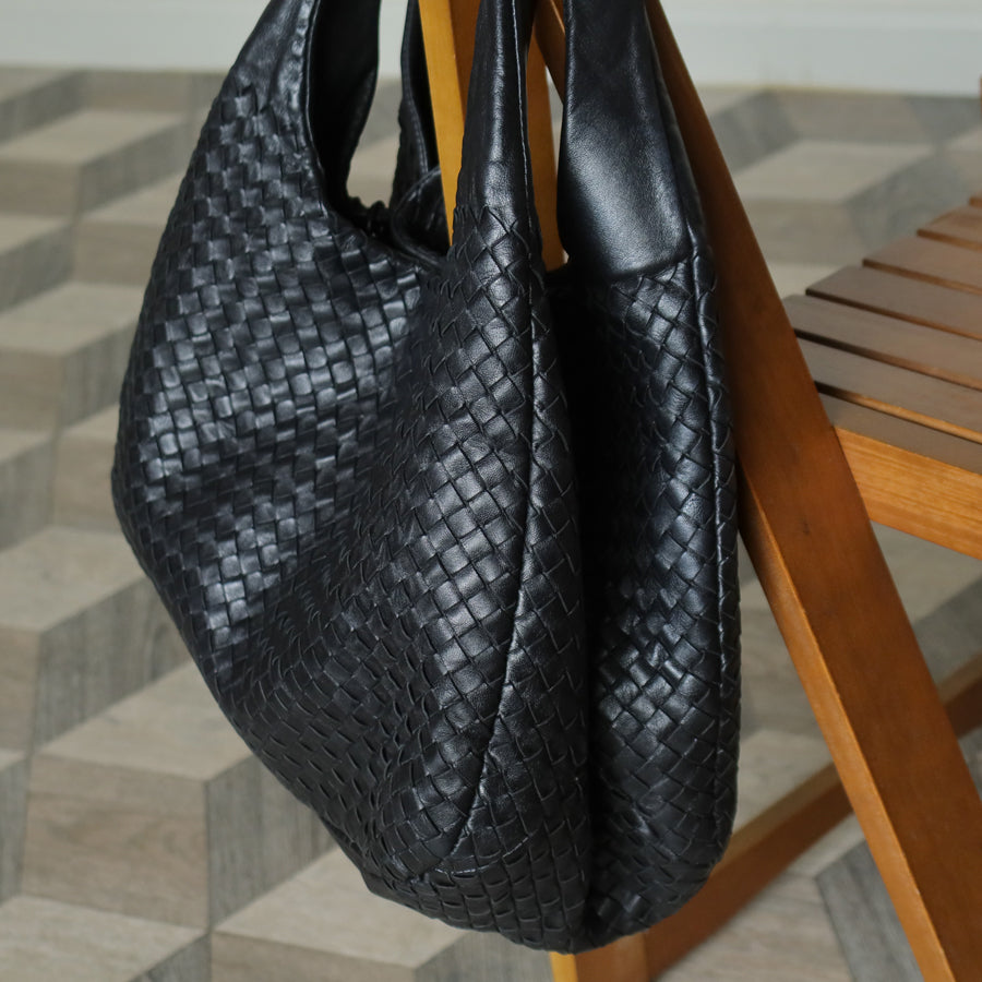 Bottega Veneta Vintage Black Intrecciato Leather Campana Large Hobo Shoulder Bag