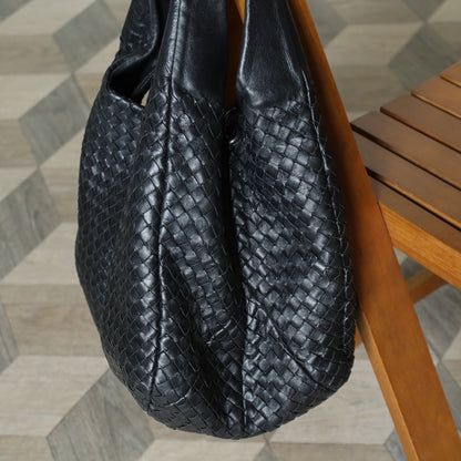 Bottega Veneta Vintage Black Intrecciato Leather Campana Large Hobo Shoulder Bag