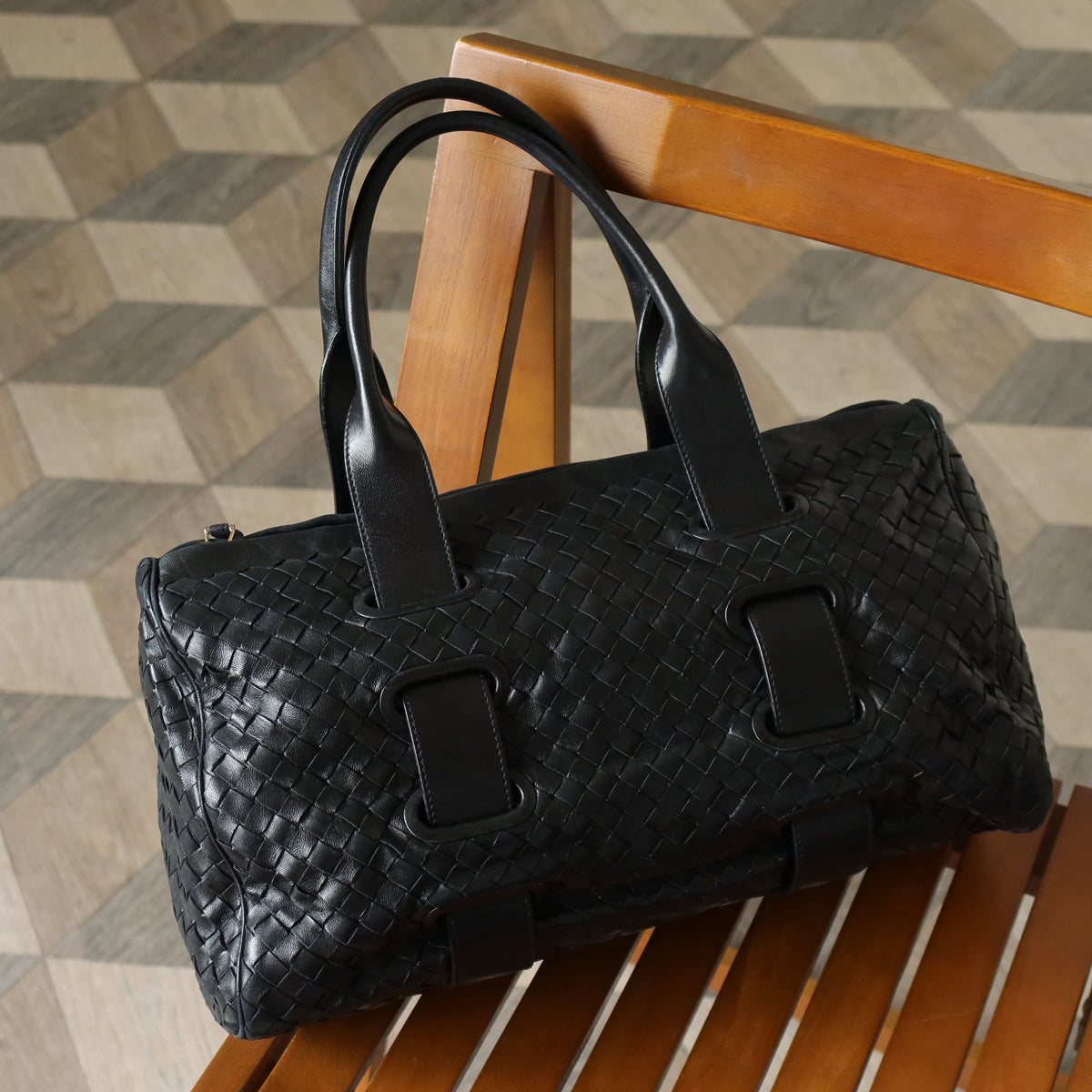 Bottega Veneta Vintage Black Intrecciato Weave Leather Strap detail Shoulder Bag