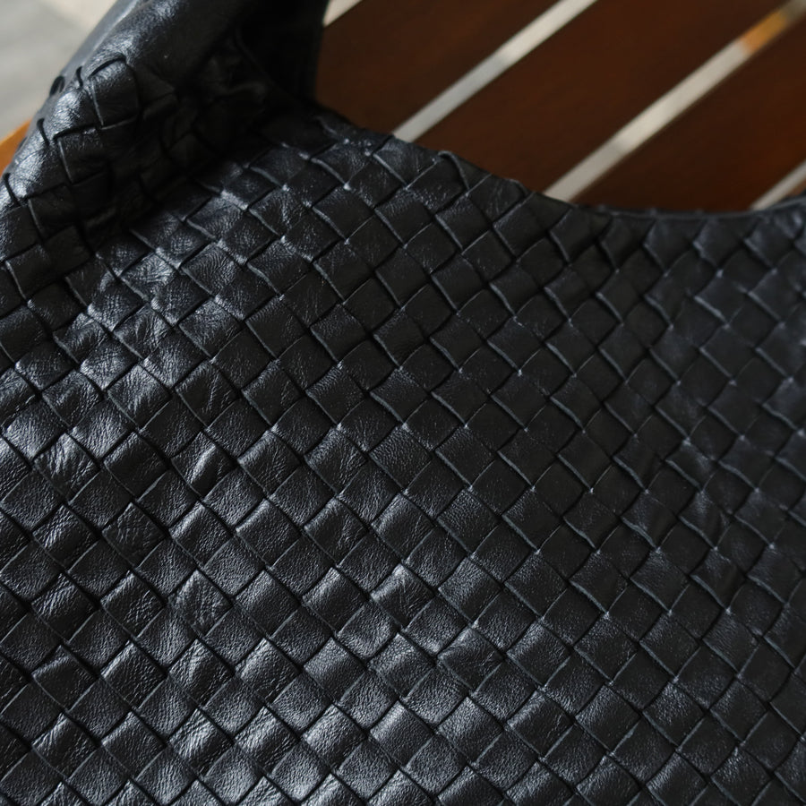 Bottega Veneta Vintage Black Intrecciato Leather Campana Large Hobo Shoulder Bag