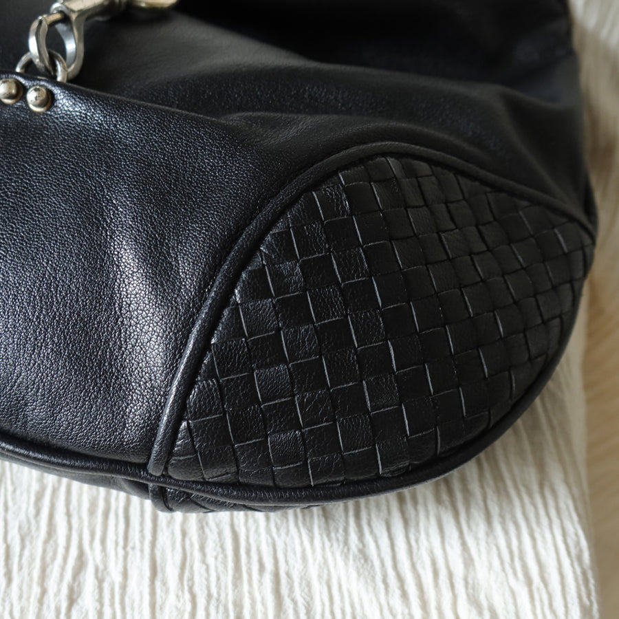 Bottega Veneta Vintage Black Intrecciato Leather Hobo One Shoulder Bag