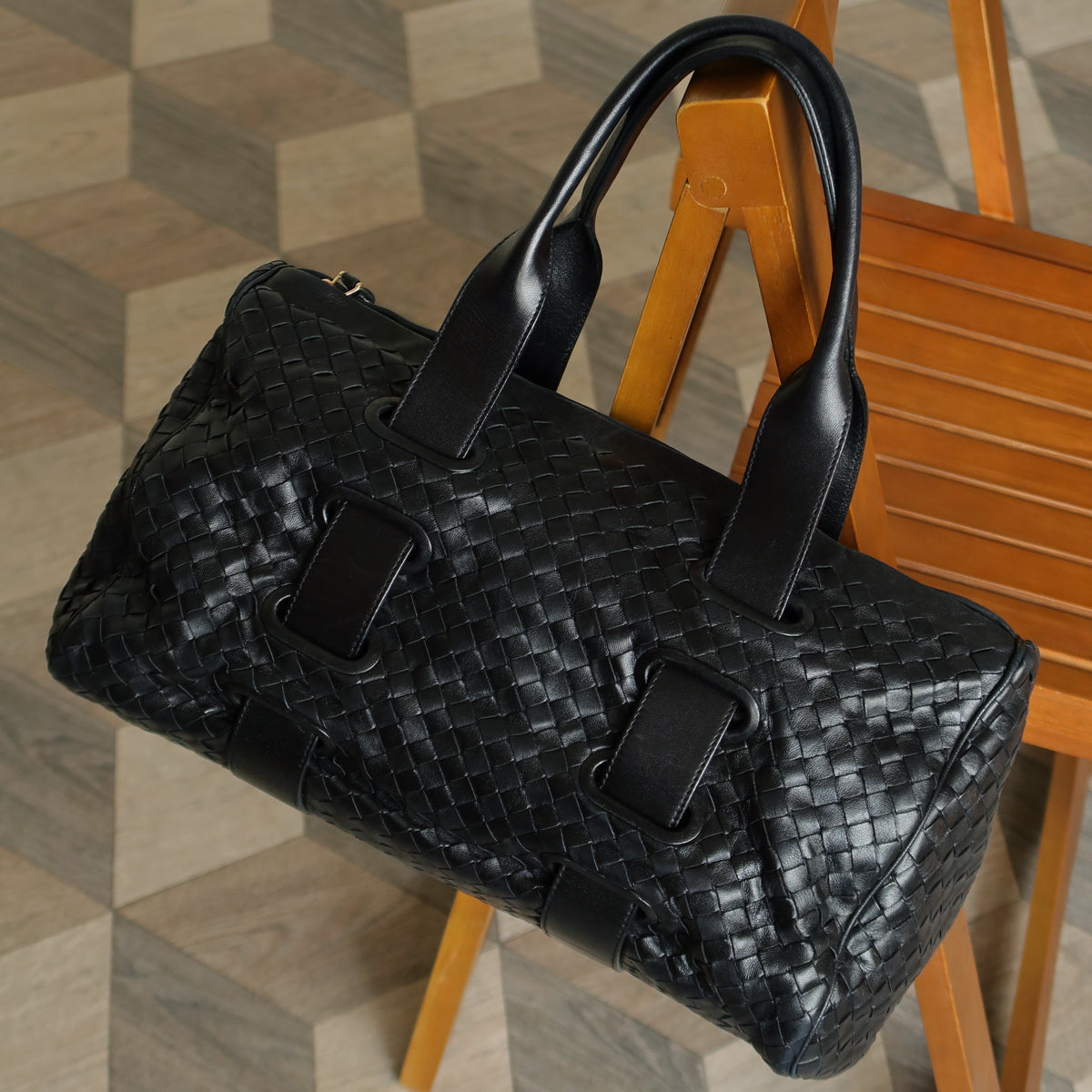 Bottega Veneta Vintage Black Intrecciato Weave Leather Strap detail Shoulder Bag