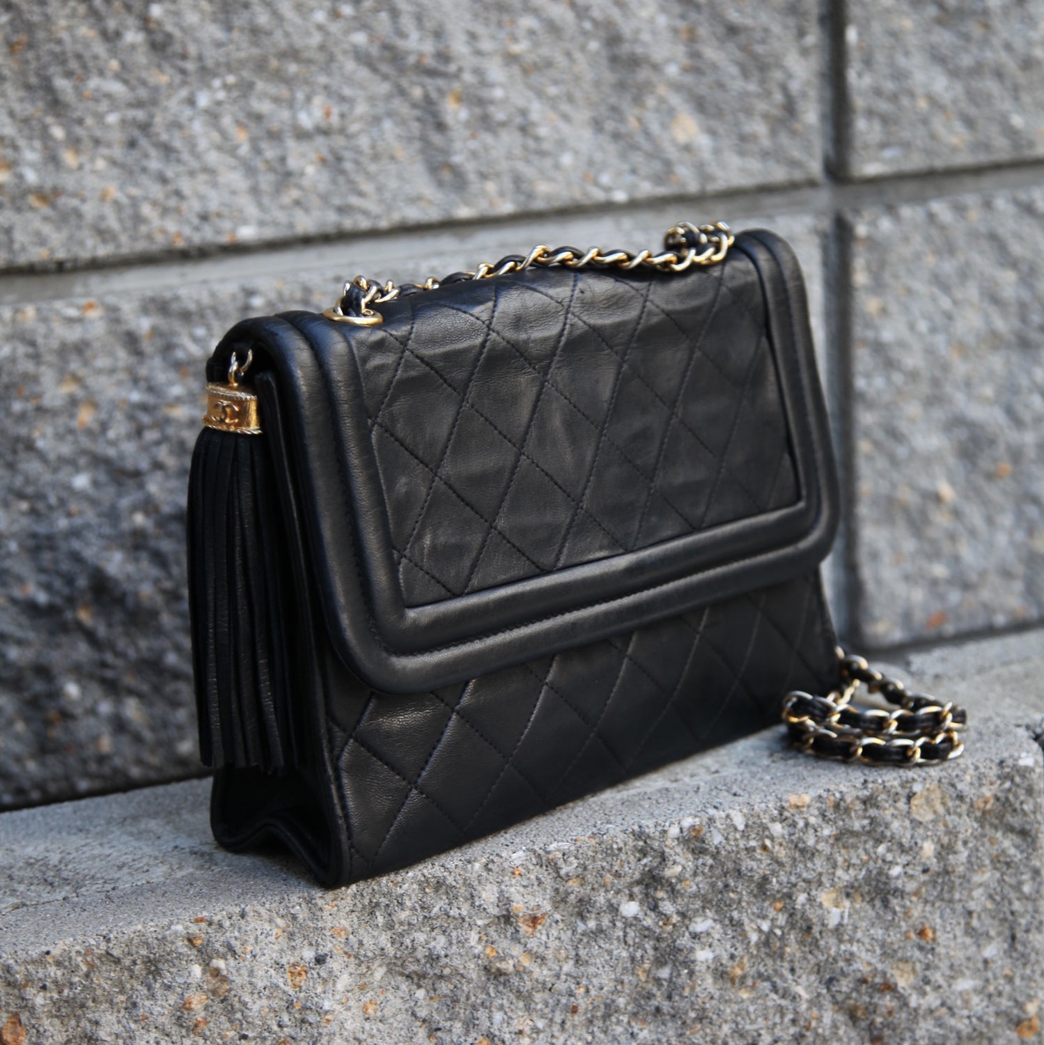Chanel Vintage Gold Chain Tassel Black Lambskin Flap Bag