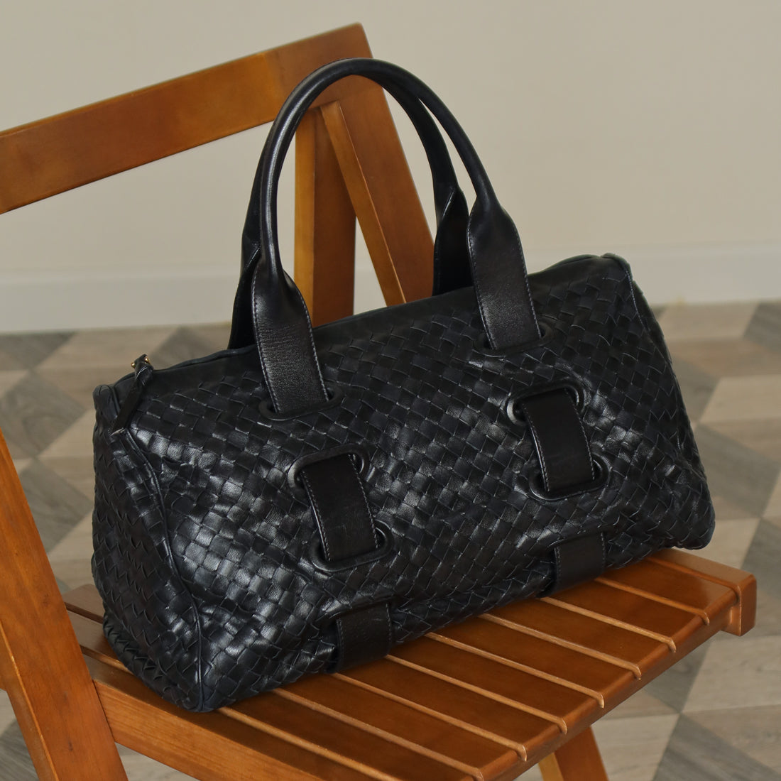 Bottega Veneta Vintage Black Intrecciato Weave Leather Strap detail Shoulder Bag