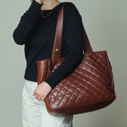 Chanel Vintage Brown Diamond quilted CC turn lock Shoulder Shopper Tote Bag