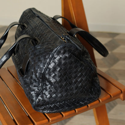 Bottega Veneta Vintage Black Intrecciato Weave Leather Strap detail Shoulder Bag