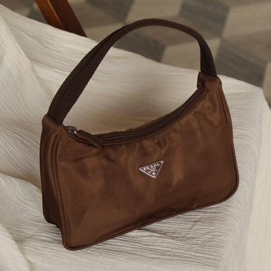 Prada Vintage Brown Nylon Tessuto Small Hobo Bag