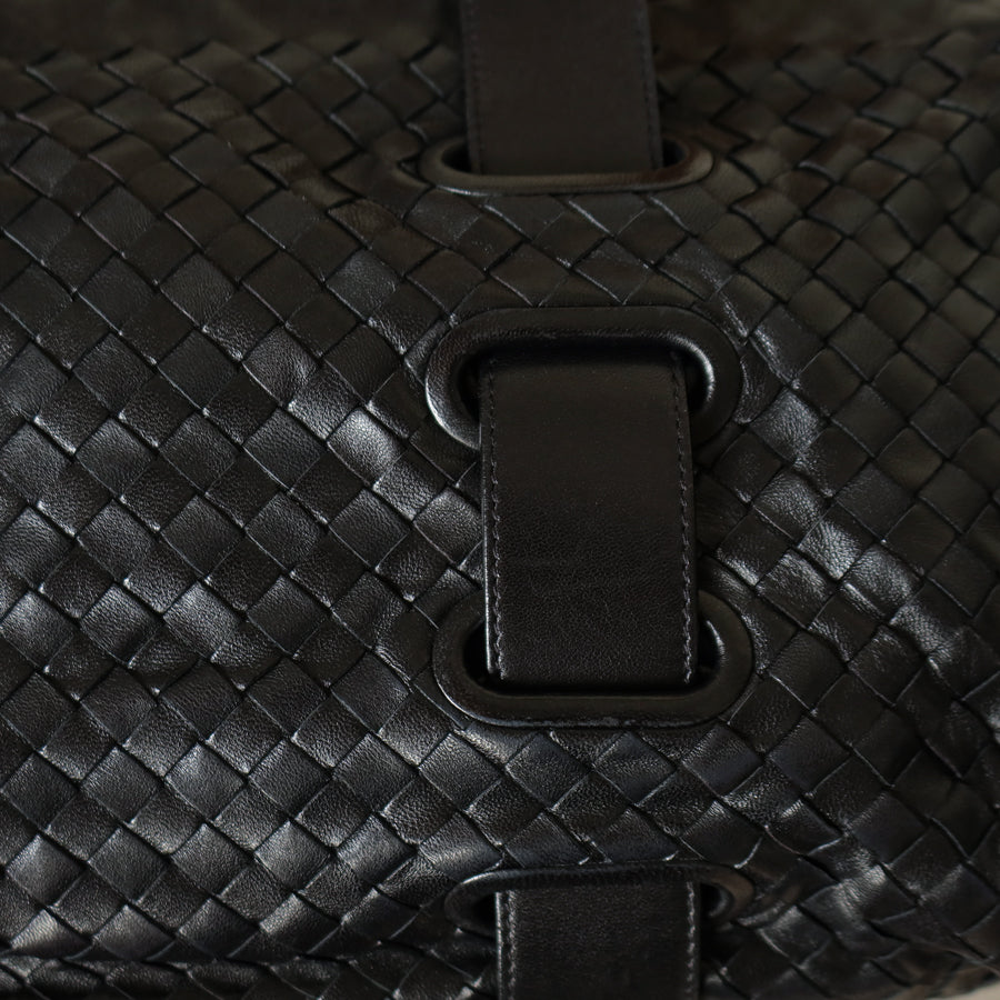 Bottega Veneta Vintage Black Intrecciato Weave Leather Strap detail Shoulder Bag