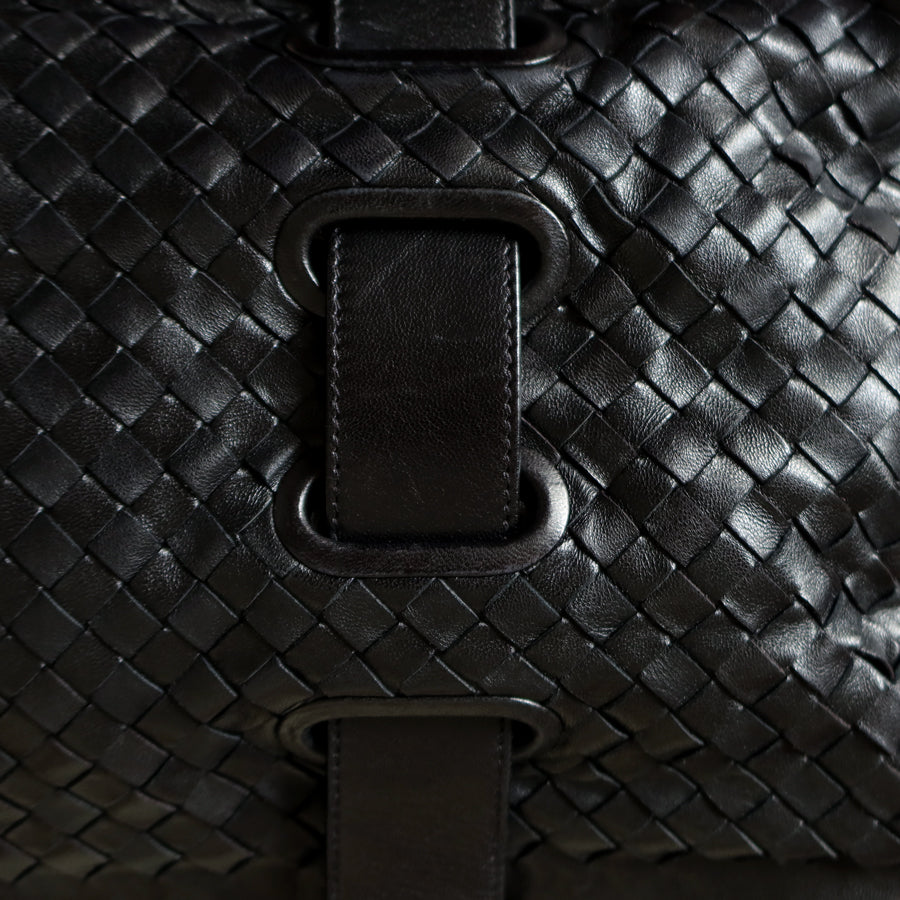 Bottega Veneta Vintage Black Intrecciato Weave Leather Strap detail Shoulder Bag
