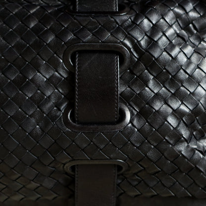 Bottega Veneta Vintage Black Intrecciato Weave Leather Strap detail Shoulder Bag