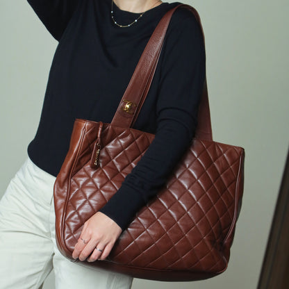 Chanel Vintage Brown Diamond quilted CC turn lock Shoulder Shopper Tote Bag