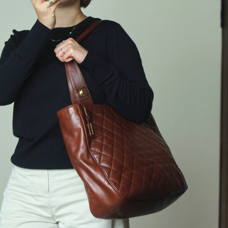 Chanel Vintage Brown Diamond quilted CC turn lock Shoulder Shopper Tote Bag