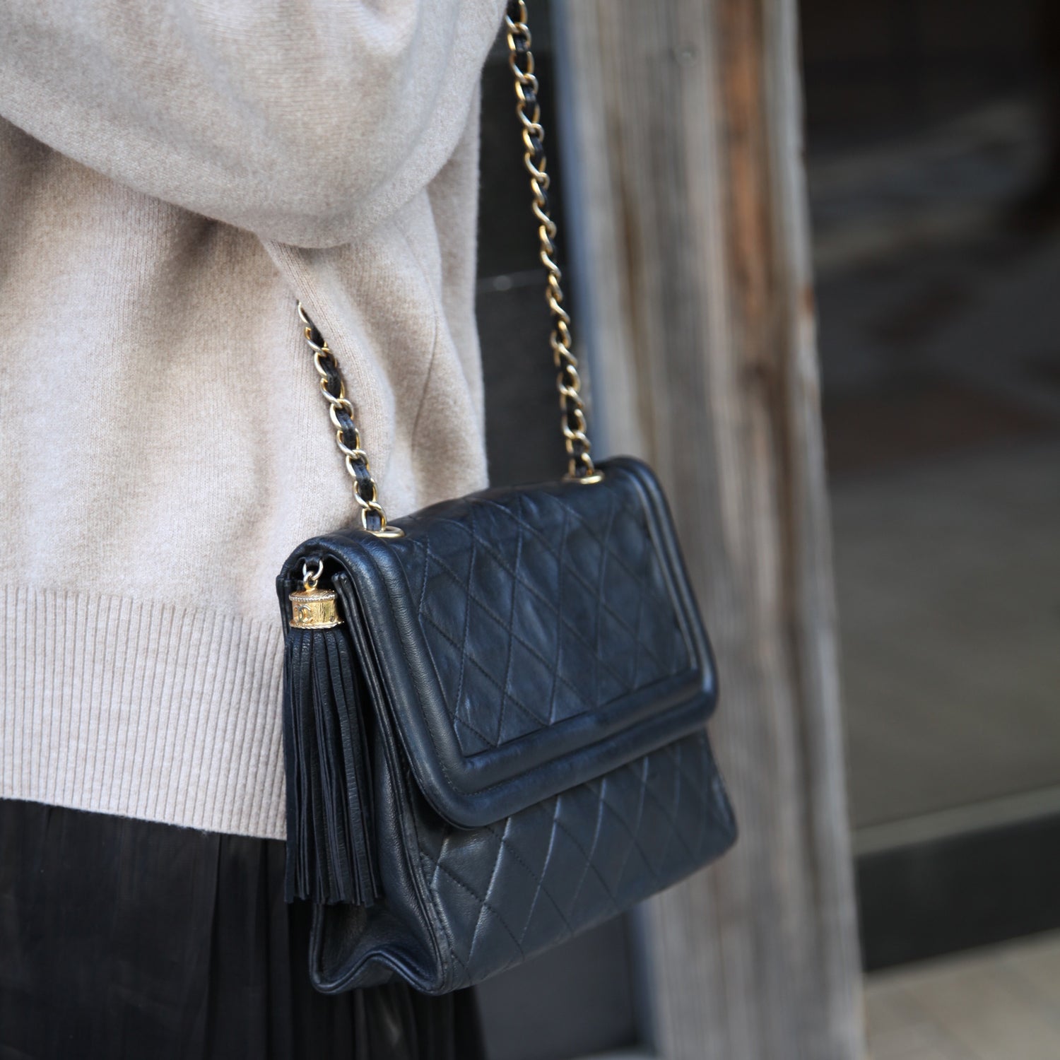 Chanel Vintage Gold Chain Tassel Black Lambskin Flap Bag