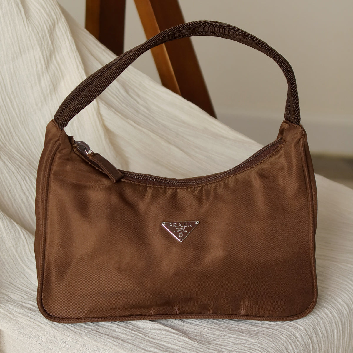 Prada Vintage Brown Nylon Tessuto Small Hobo Bag