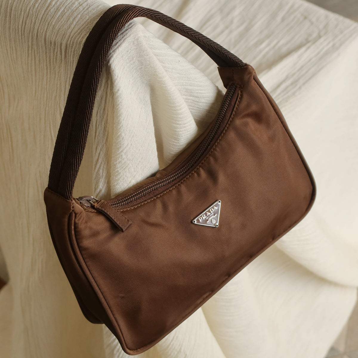 Prada Vintage Brown Nylon Tessuto Small Hobo Bag